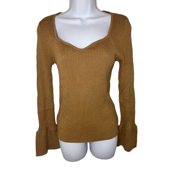 LOFT Shimmer Ribbed Sweetheart Neck Flare Sleeve Sweater Size Medium Office - Picture 2 of 6